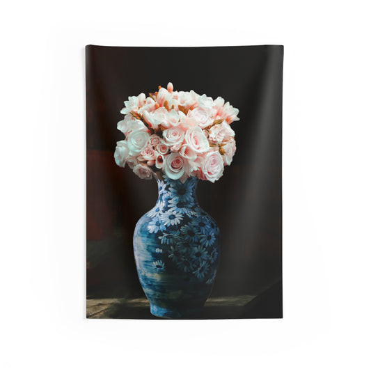 Blue Pot Roses Tapestry