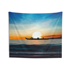 Boat And Sunset Tapestry