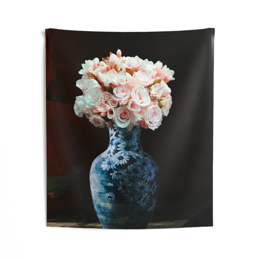 Blue Pot Roses Tapestry