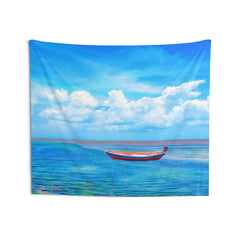 Blue Sea Boat Tapestry