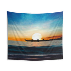 Boat And Sunset Tapestry