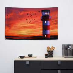 Lighthouse Sunset Painting 2 Flag Tapestry